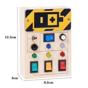 Wooden Montessori busy board with LED lights and colorful switches for toddler learning
