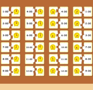 Detail of 24 educational clock matching puzzles with analog and digital time cards