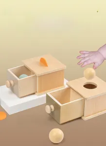 Macro shot of a child grasping wooden Montessori coin and ball box for motor skill training