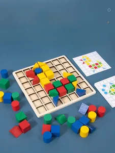 Top-view of multi-colored wooden geometric blocks on a grid board with pattern cards