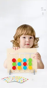 Close-up of wooden Montessori logic game with colorful sliders and challenge cards for kids
