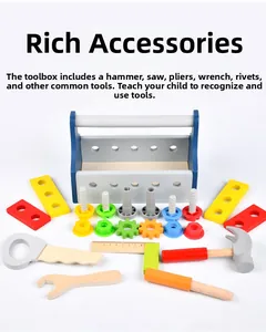 Detail of wooden tool box set featuring colorful screws, wrench, saw and gears for kids