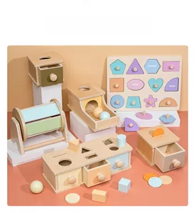 Macro view of Montessori wooden sensory toys set with colorful geometric blocks and objects