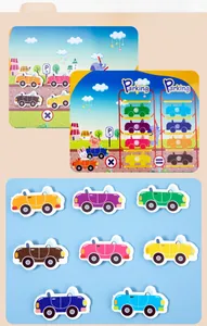 Detail view of colorful car stickers and parking lot matching board for kids' busy book