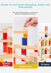 Detailed views of multi-colored wooden marble run tracks showing 3D spatial construction