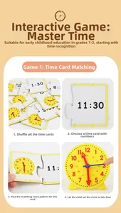Educational clock toy set showing manual yellow clock and time matching cards with hand interaction