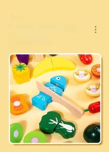Detailed close-up of wooden toy fish and vegetables with realistic texture and knife