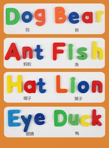 Macro detail of colorful wooden alphabet blocks showing English spelling cards for kids