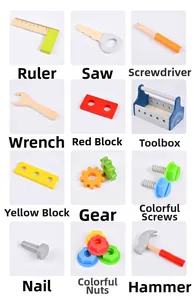 Detailed grid view of 12 pieces wooden simulation tool set for kids DIY building toys