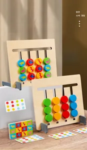 Detail of wooden dinosaur logic slide puzzle showing dual-sided Montessori puzzle and cards