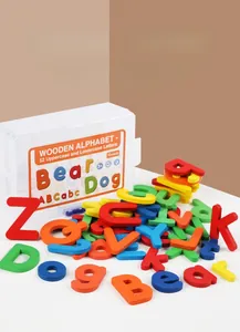 Detail view of 52 colorful wooden letters including storage box for early learning