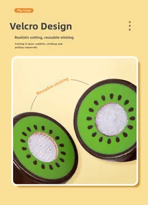 Detail of wooden toy kiwi fruit with hook and loop fastener for pretend play kitchen