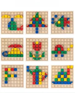 Creative wooden geometric blocks showing nine different puzzle shapes on a grid board