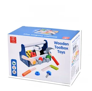 Detailed view of the wooden tool box packaging with simulated tools and size dimensions
