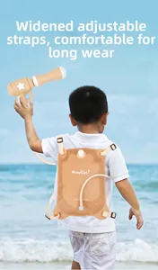 Detail view of brown backpack water gun with adjustable straps for kids at the beach