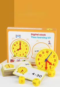 Educational time learning set with yellow analog clock, matching cards and number dice