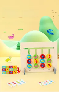 Macro view of wooden Montessori logic puzzle with colorful dinosaur sliders and cards