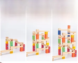 Modular wooden marble run tracks with colorful patterned blocks for kids' building play