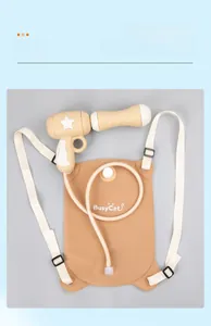 Detail of beige backpack water gun with BusyCat logo and adjustable straps for kids