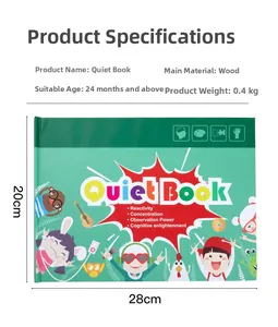 Size chart showing 28x20cm dimensions and wooden material specs for the children's busy book