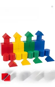 Macro shot of colorful wooden geometric blocks for early childhood math and shape learning
