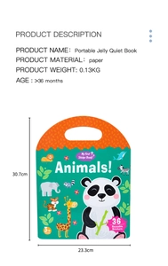 Detail view of the Portable Jelly Quiet Book for kids showing animal theme cover and dimensions