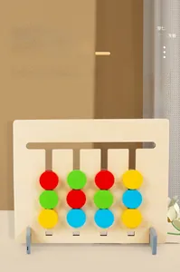 Close-up of wooden Montessori logic puzzle with four-color sliding tracks and matching cards