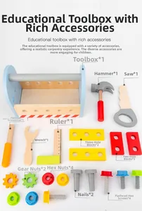 Flat lay detail of kids wooden toy tool set with blue toolbox hammers and gears