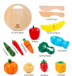 Detailed view of wooden play food set with magnets for kids cutting fruit toy simulation