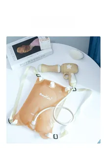 Close-up of orange and beige backpack water gun with adjustable straps and nozzle