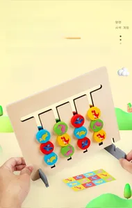Macro detail of dinosaur logic puzzle game with colorful wooden sliders on a sliding board