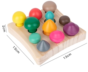 Macro detail of Montessori wooden mushroom puzzle showing 13x13x2cm base dimensions