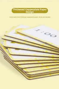 Macro view of thick, durable flashcards showing 1:00 time display for kids learning