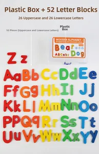 Close-up of 52 colorful wooden alphabet letters with clear storage box for early learning
