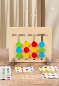 Detail view of wooden Montessori logic game with sliding color pieces and challenge cards