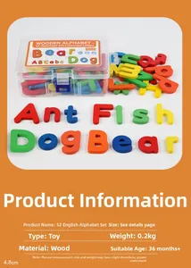 Close-up of 52-piece colorful wooden A-Z alphabet letters with transparent storage box