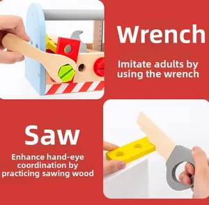 Detailed grid view showing wooden toy saw, wrench, and screws in a blue portable toolbox