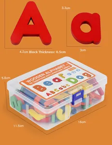 Detailed dimensions of 52-piece wooden alphabet blocks set in clear storage box