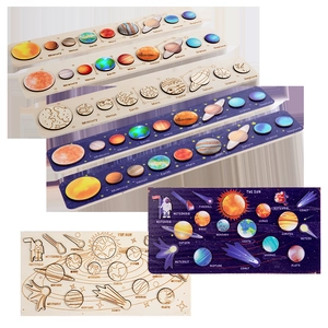 Solar system wooden puzzle set with colorful planets and astronauts for kids education