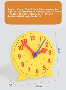 Detailed view of educational clock set including wooden pieces and colorful dice for kids