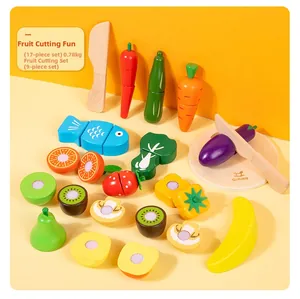 Close-up of wooden pretend play food set including toy knife, board, and colorful vegetables