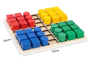 Macro detail of wooden Montessori puzzle blocks with 18cm base in vibrant colors