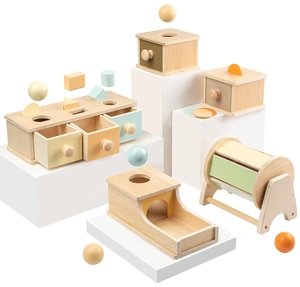 Detail of Montessori wooden educational toy set including object permanence and coin box