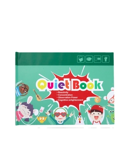 Green educational quiet book for toddlers featuring colorful cartoon animals and busy activities