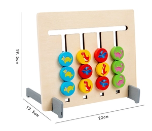 Detailed view of wooden dinosaur logic game board with colorful sliding pieces and dimensions