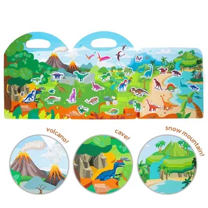Foldable dinosaur themed quiet book for children with reusable stickers and volcano scenes