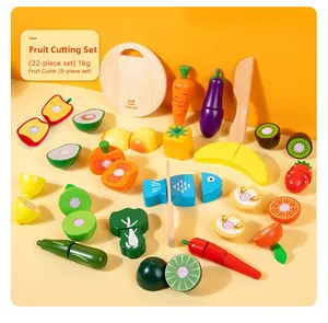 22-piece wooden play food set with Velcro fruit and vegetables on a cutting board