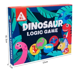 Detailed dimensions of the Dinosaur Logic Game showing 23cm x 18.5cm x 2.7cm packaging box