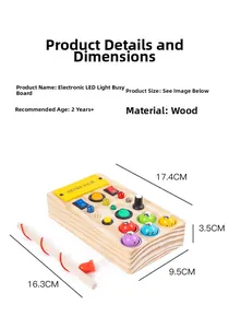 Macro view of wooden busy board toy showing LED light switches and socket details