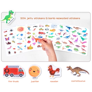 Reusable jelly sticker book for kids with 204 stickers across six educational themes